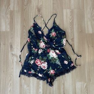 Wildfox Intimates Gypsy Rose Floral Navy Romper with Lace Trim